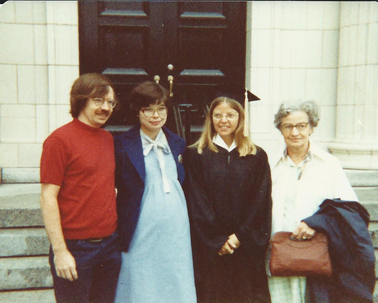 Bill and Marilyn with
Bill's sister Pat and mother Lilian at Pat's graduation
from nursing school at Eastern Michigan University, August 1980