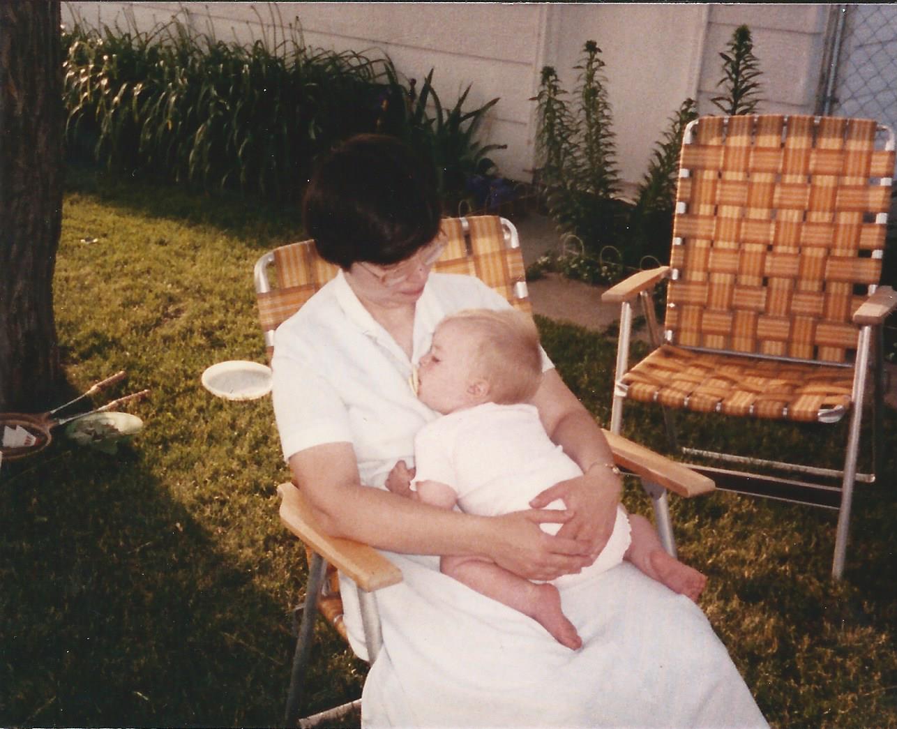 Marilyn and Rebecca in our yard, June 1985