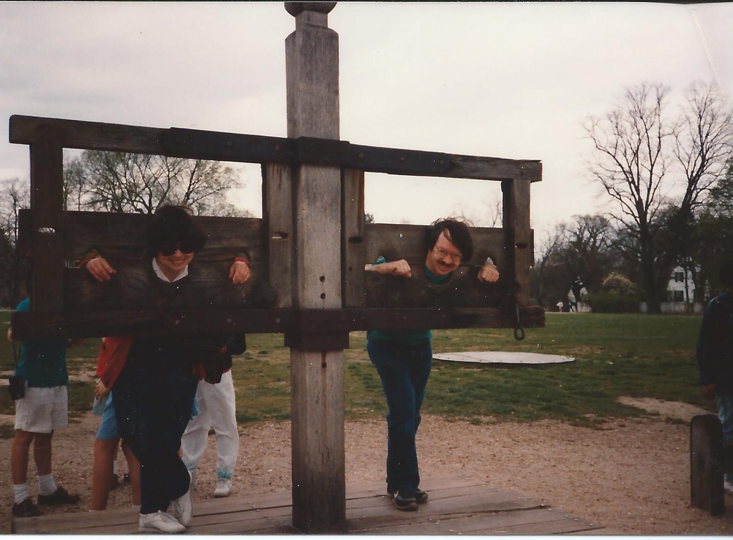 Marilyn and Bill in the stocks at
Colonial Williamsburg, 1998