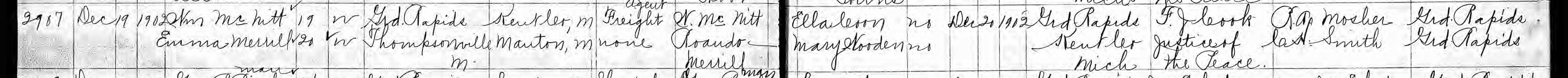 Marriage record for Bill McNitt and Emma Merrill